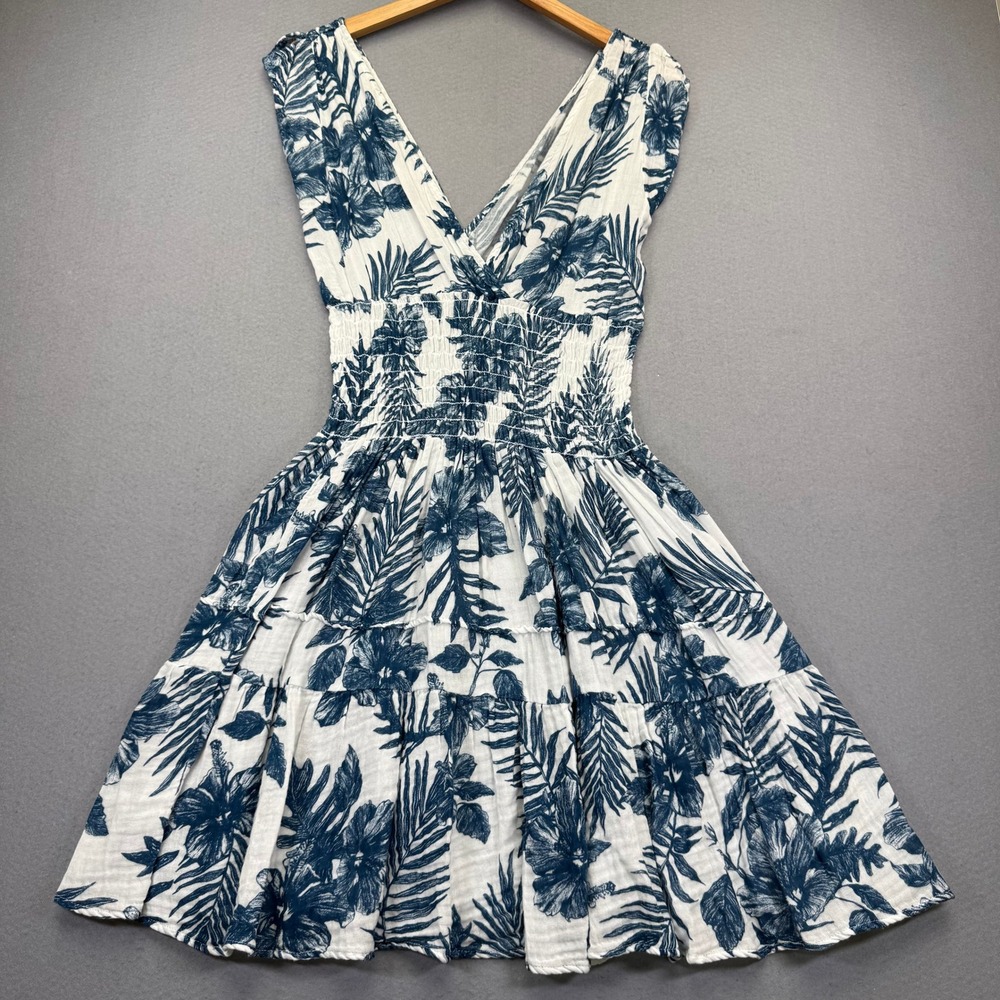 Félicité Women Blue White Tropical Floral Smocked Tiered‎ Mini Dress Size 4